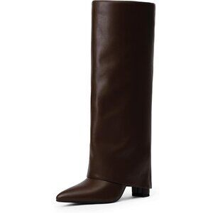 Women Brown Pu Faux Leather Fold Over Knee High Chunky High Heels Long Boot